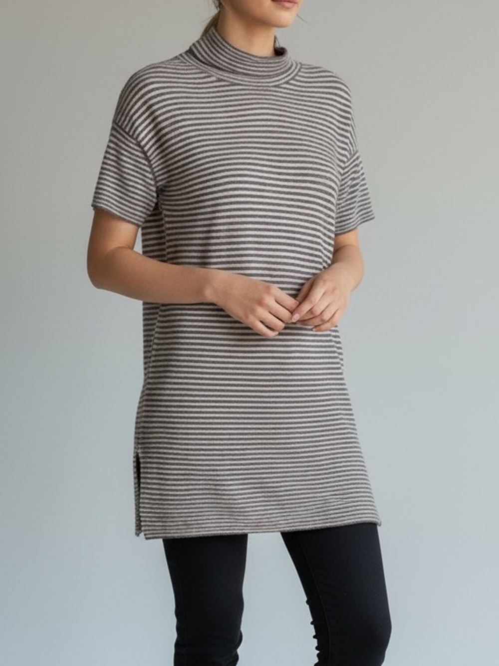 Eileen Fisher Merino Wool Mock Neck Tunic Striped Short-Sleeve Size Large